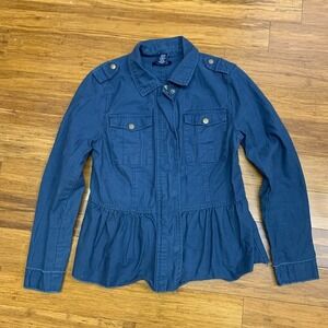 Anna Cai Peplum Jacket Womens Medium Blue Military Style Full Zip Utility Jacket